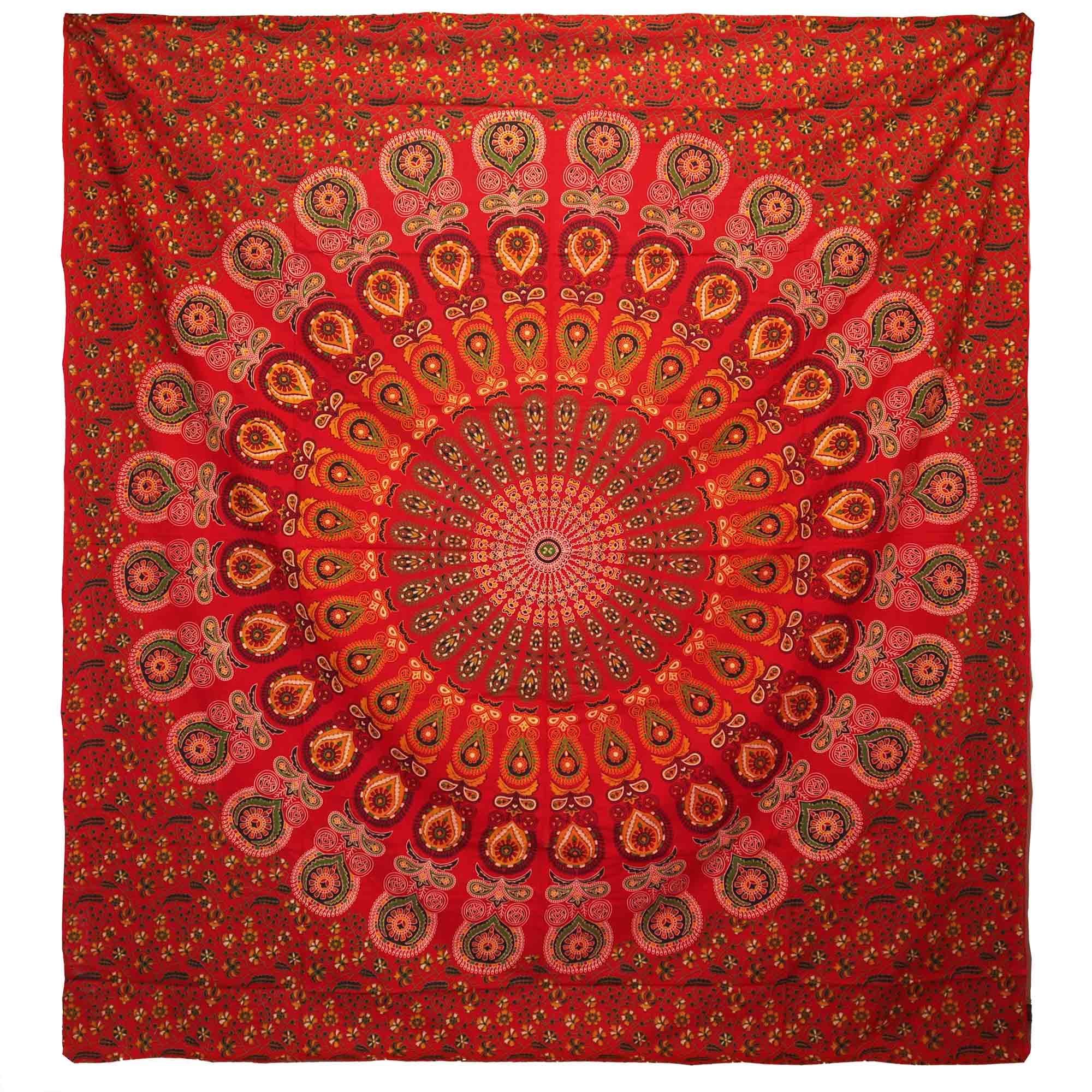Double Cotton Bedspread + Wall Hanging - Peacock Mandala - Red